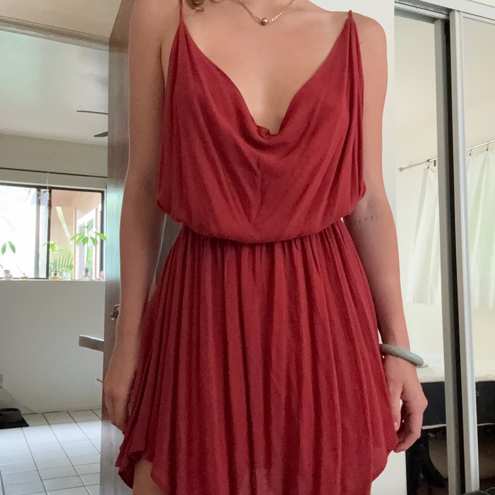 Indah Orange Ruched Cowl Neck Mini Dress